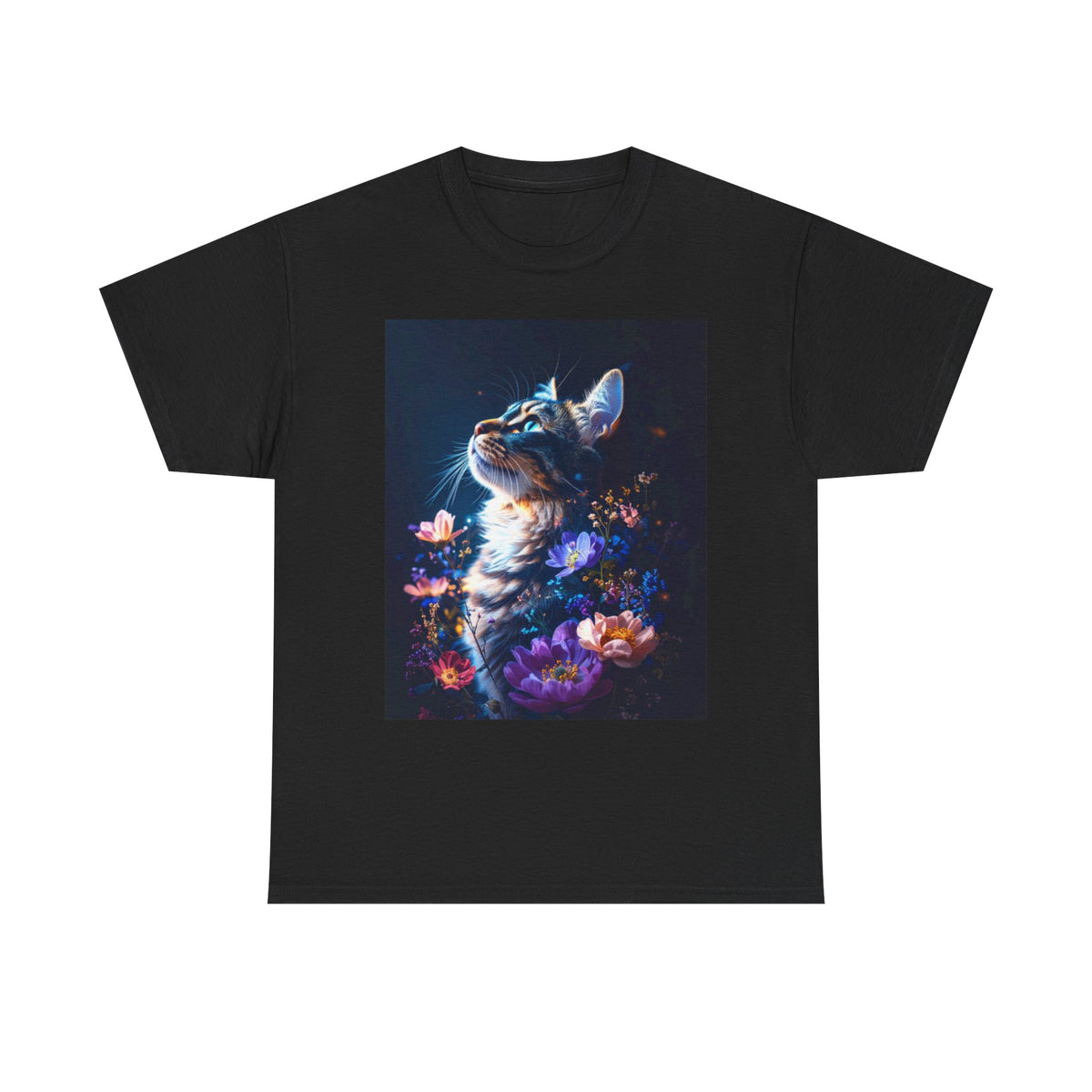 Whimsical Cat Floral Unisex Heavy Cotton Tee - Perfect for Cat Lovers and Nature Enthusiasts