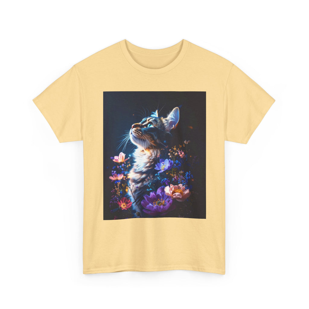 Whimsical Cat Floral Unisex Heavy Cotton Tee - Perfect for Cat Lovers and Nature Enthusiasts