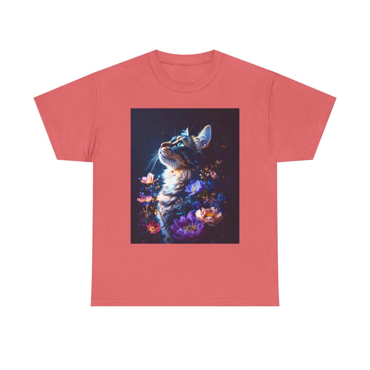 Whimsical Cat Floral Unisex Heavy Cotton Tee - Perfect for Cat Lovers and Nature Enthusiasts