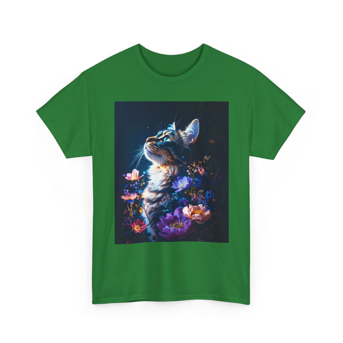 Whimsical Cat Floral Unisex Heavy Cotton Tee - Perfect for Cat Lovers and Nature Enthusiasts