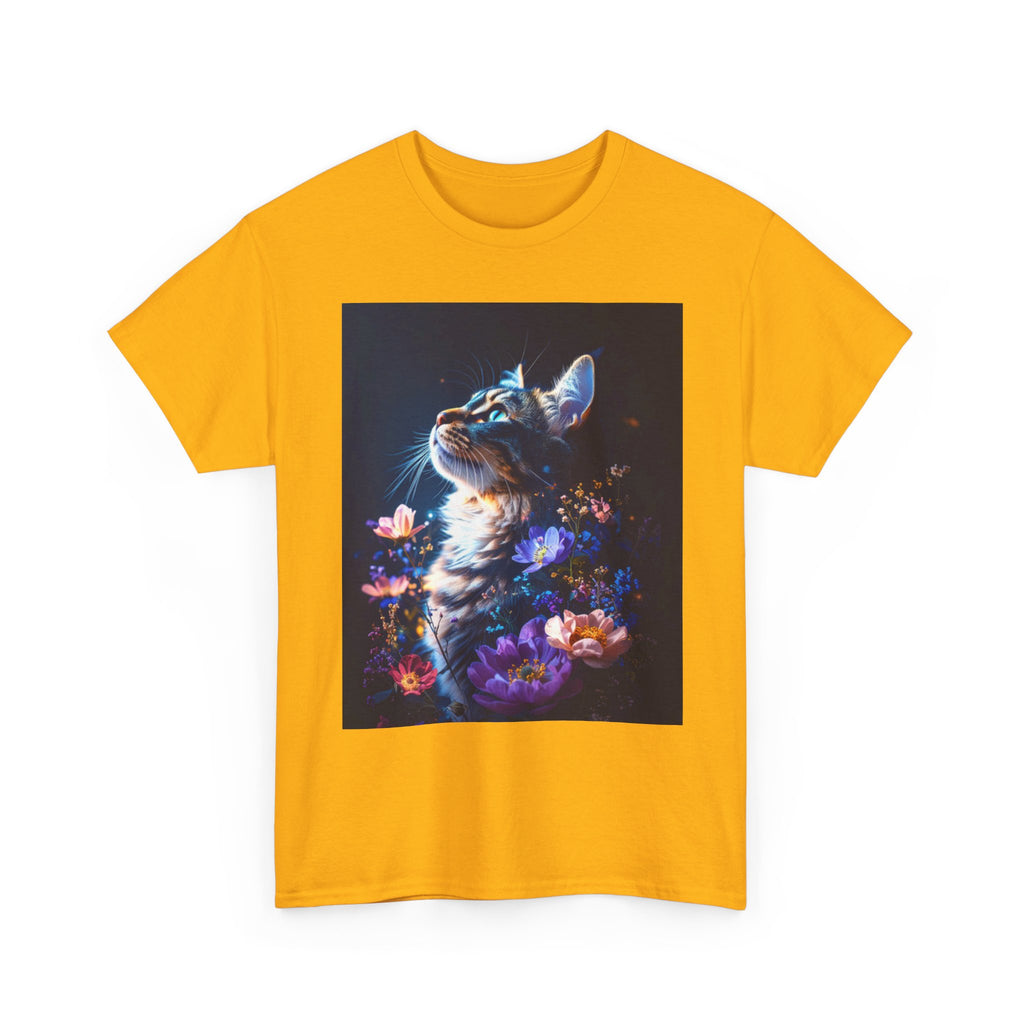 Whimsical Cat Floral Unisex Heavy Cotton Tee - Perfect for Cat Lovers and Nature Enthusiasts