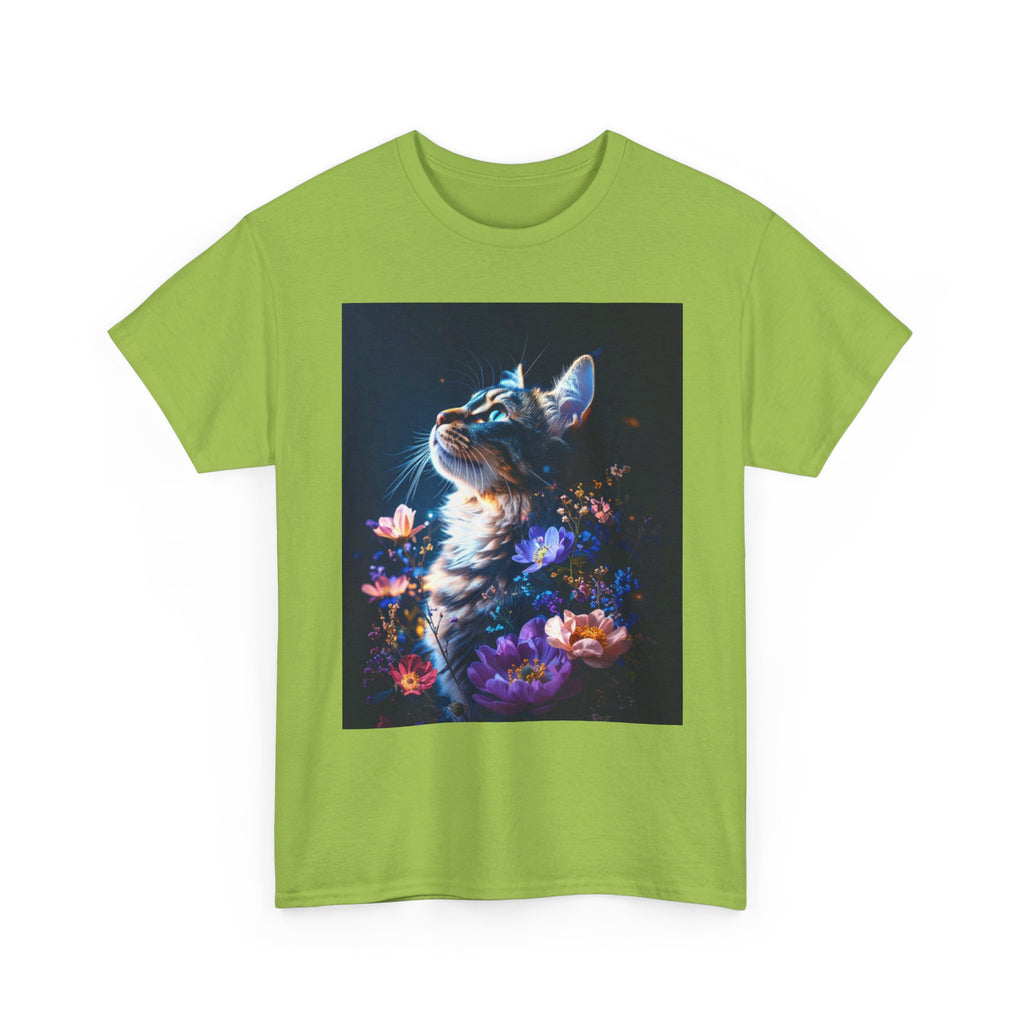 Whimsical Cat Floral Unisex Heavy Cotton Tee - Perfect for Cat Lovers and Nature Enthusiasts