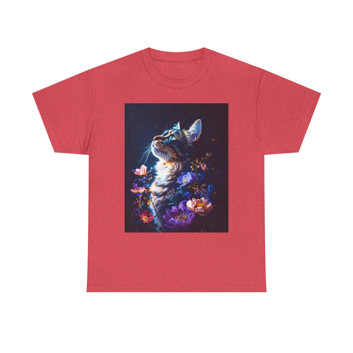Whimsical Cat Floral Unisex Heavy Cotton Tee - Perfect for Cat Lovers and Nature Enthusiasts