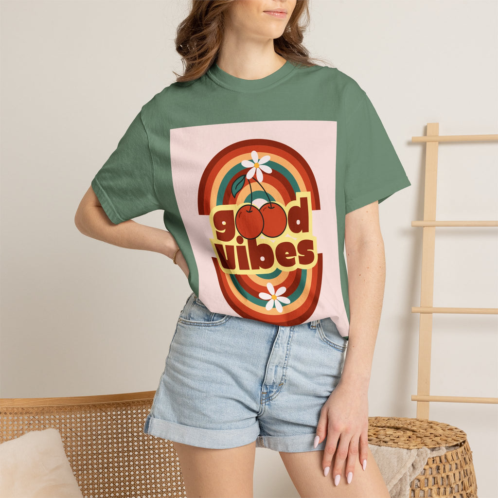 Good Vibes Unisex Garment-Dyed T-Shirt - Retro Cherry Design