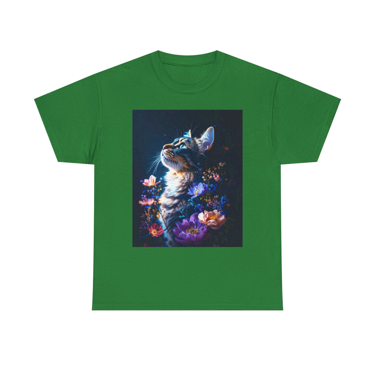 Whimsical Cat Floral Unisex Heavy Cotton Tee - Perfect for Cat Lovers and Nature Enthusiasts