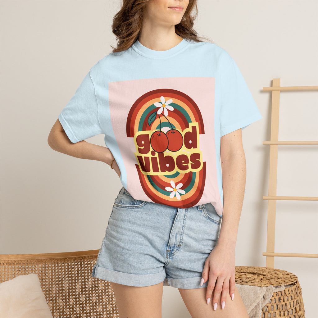 Good Vibes Unisex Garment-Dyed T-Shirt - Retro Cherry Design