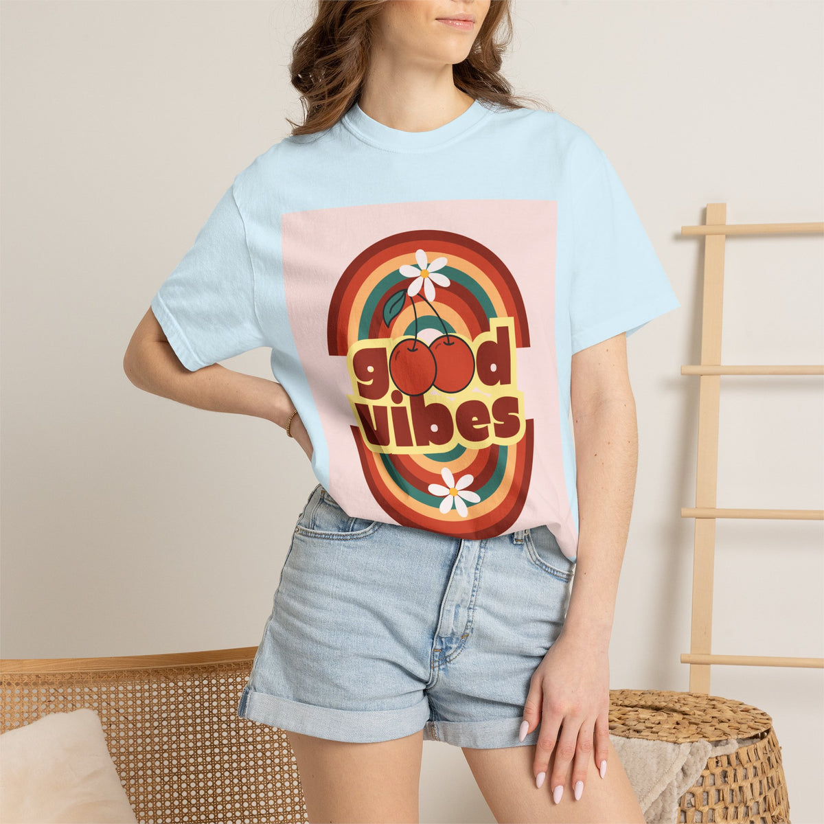 Good Vibes Unisex Garment-Dyed T-Shirt - Retro Cherry Design