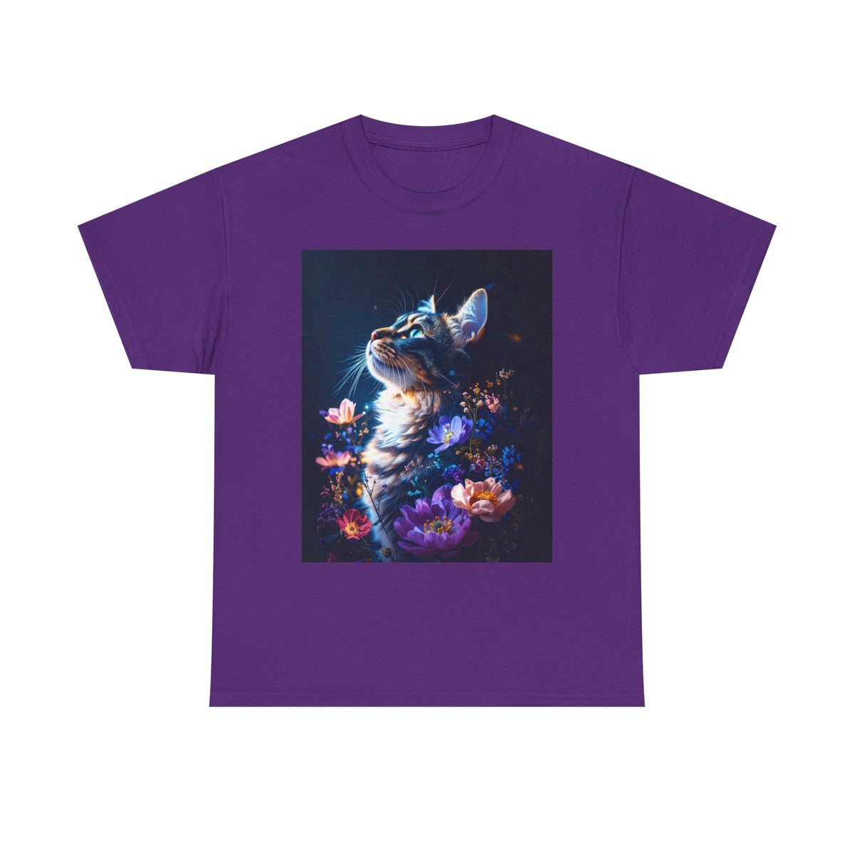 Whimsical Cat Floral Unisex Heavy Cotton Tee - Perfect for Cat Lovers and Nature Enthusiasts