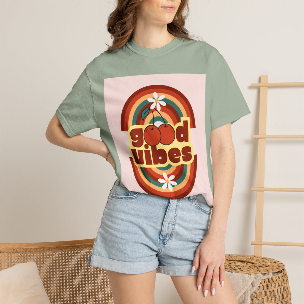Good Vibes Unisex Garment-Dyed T-Shirt - Retro Cherry Design
