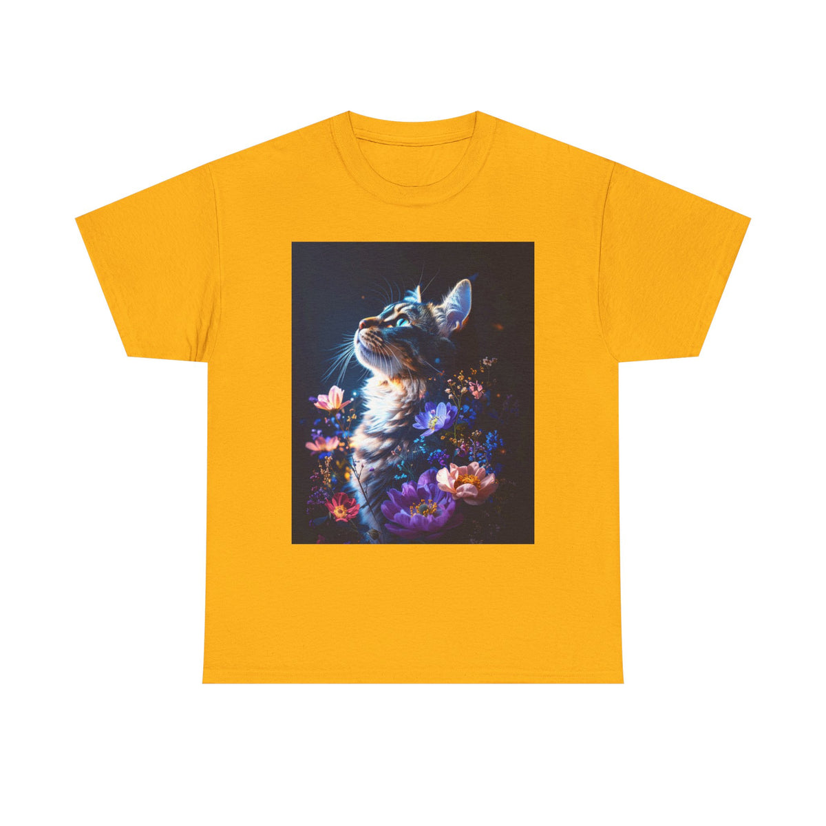 Whimsical Cat Floral Unisex Heavy Cotton Tee - Perfect for Cat Lovers and Nature Enthusiasts