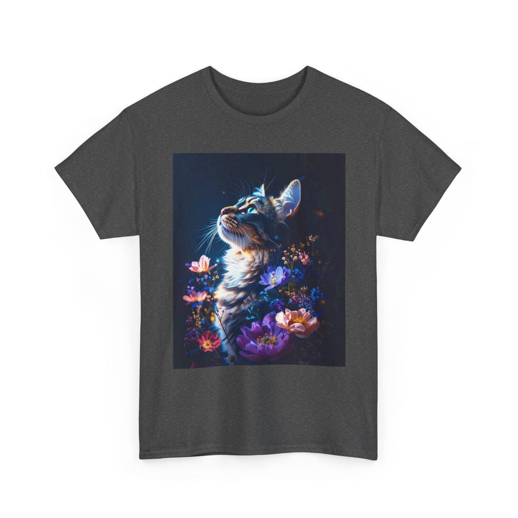 Whimsical Cat Floral Unisex Heavy Cotton Tee - Perfect for Cat Lovers and Nature Enthusiasts