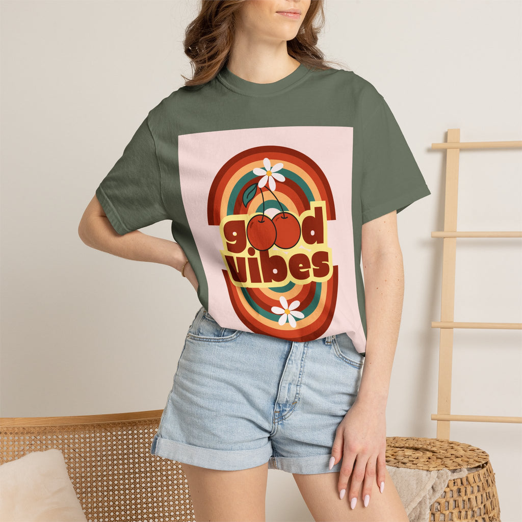 Good Vibes Unisex Garment-Dyed T-Shirt - Retro Cherry Design