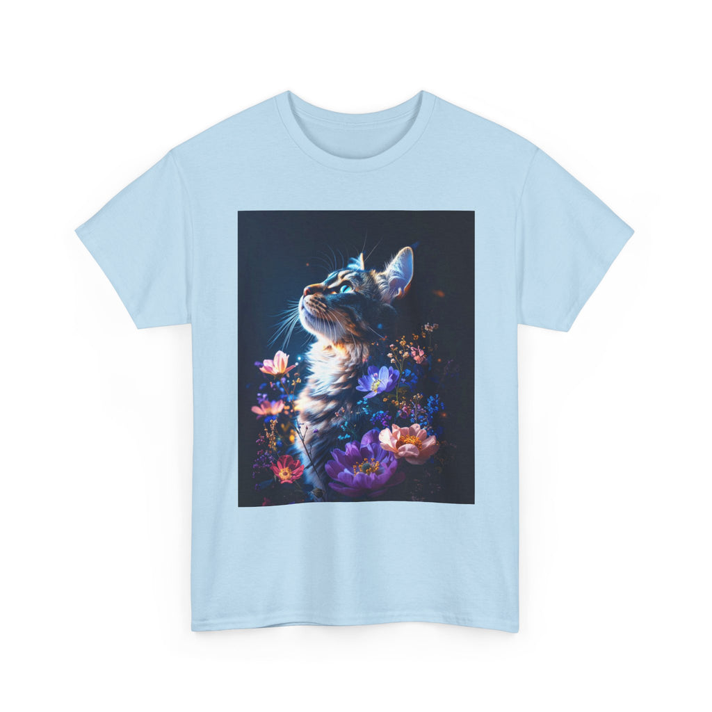 Whimsical Cat Floral Unisex Heavy Cotton Tee - Perfect for Cat Lovers and Nature Enthusiasts