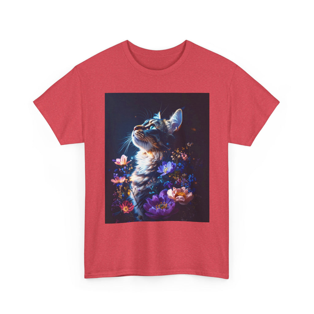Whimsical Cat Floral Unisex Heavy Cotton Tee - Perfect for Cat Lovers and Nature Enthusiasts