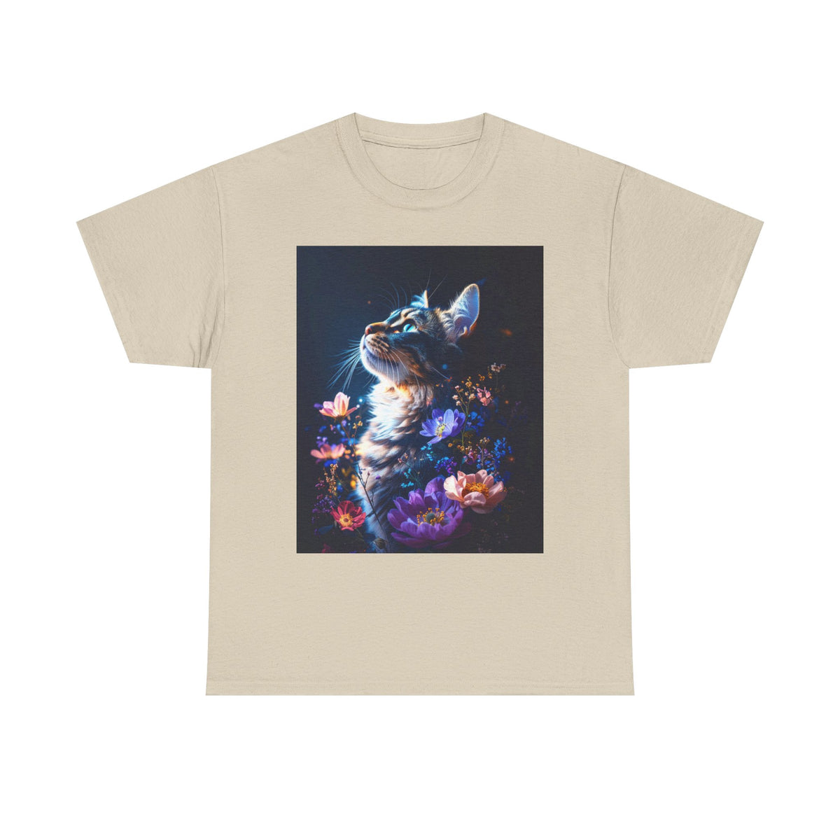 Whimsical Cat Floral Unisex Heavy Cotton Tee - Perfect for Cat Lovers and Nature Enthusiasts