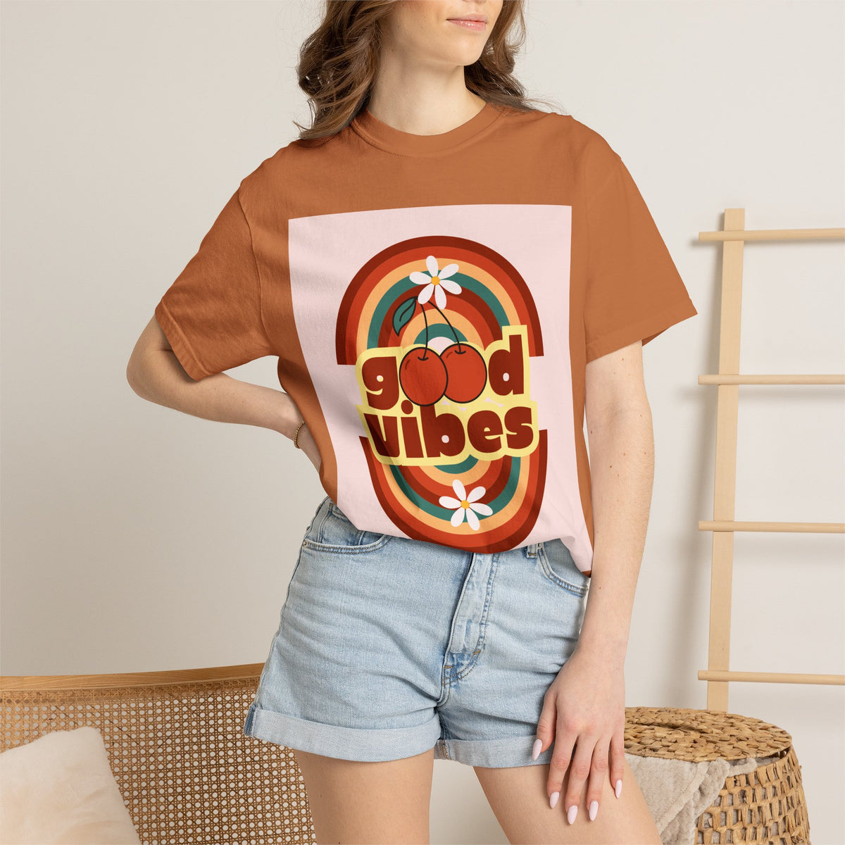 Good Vibes Unisex Garment-Dyed T-Shirt - Retro Cherry Design