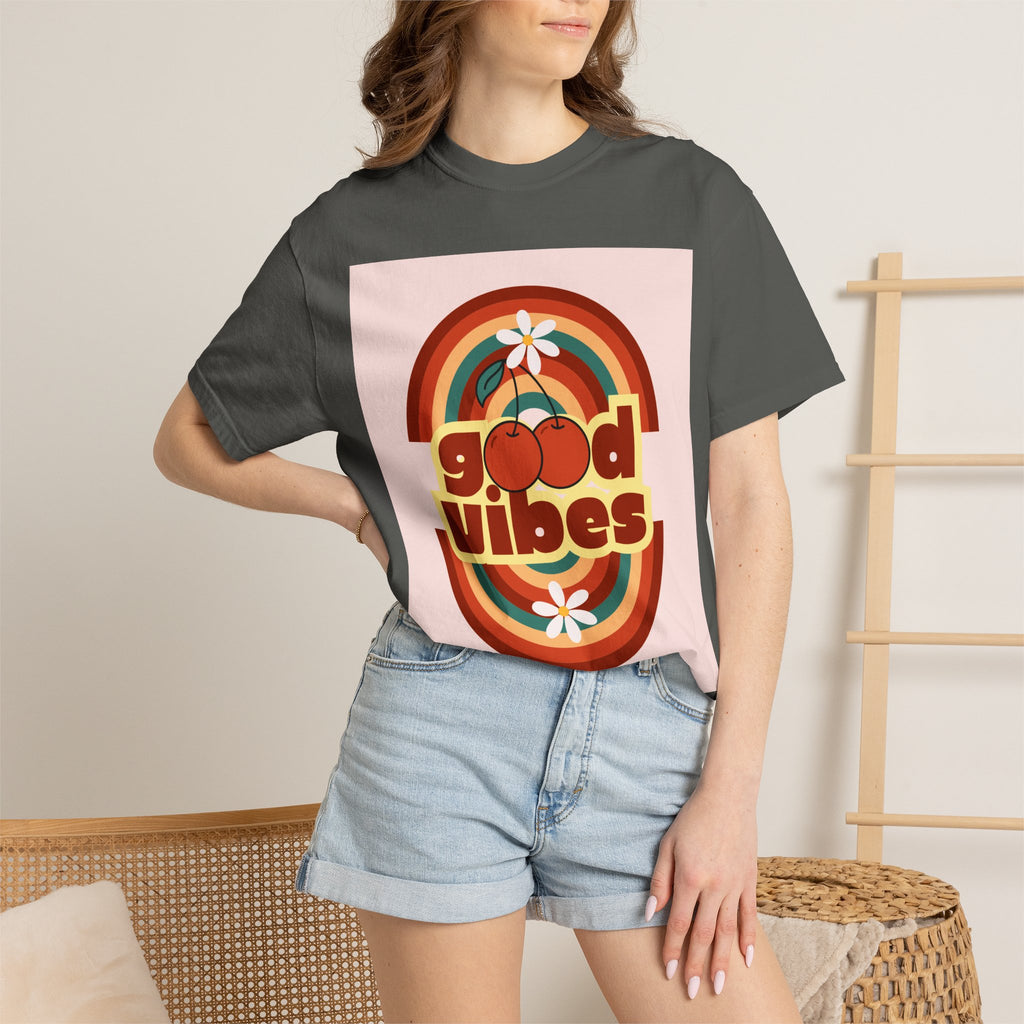Good Vibes Unisex Garment-Dyed T-Shirt - Retro Cherry Design