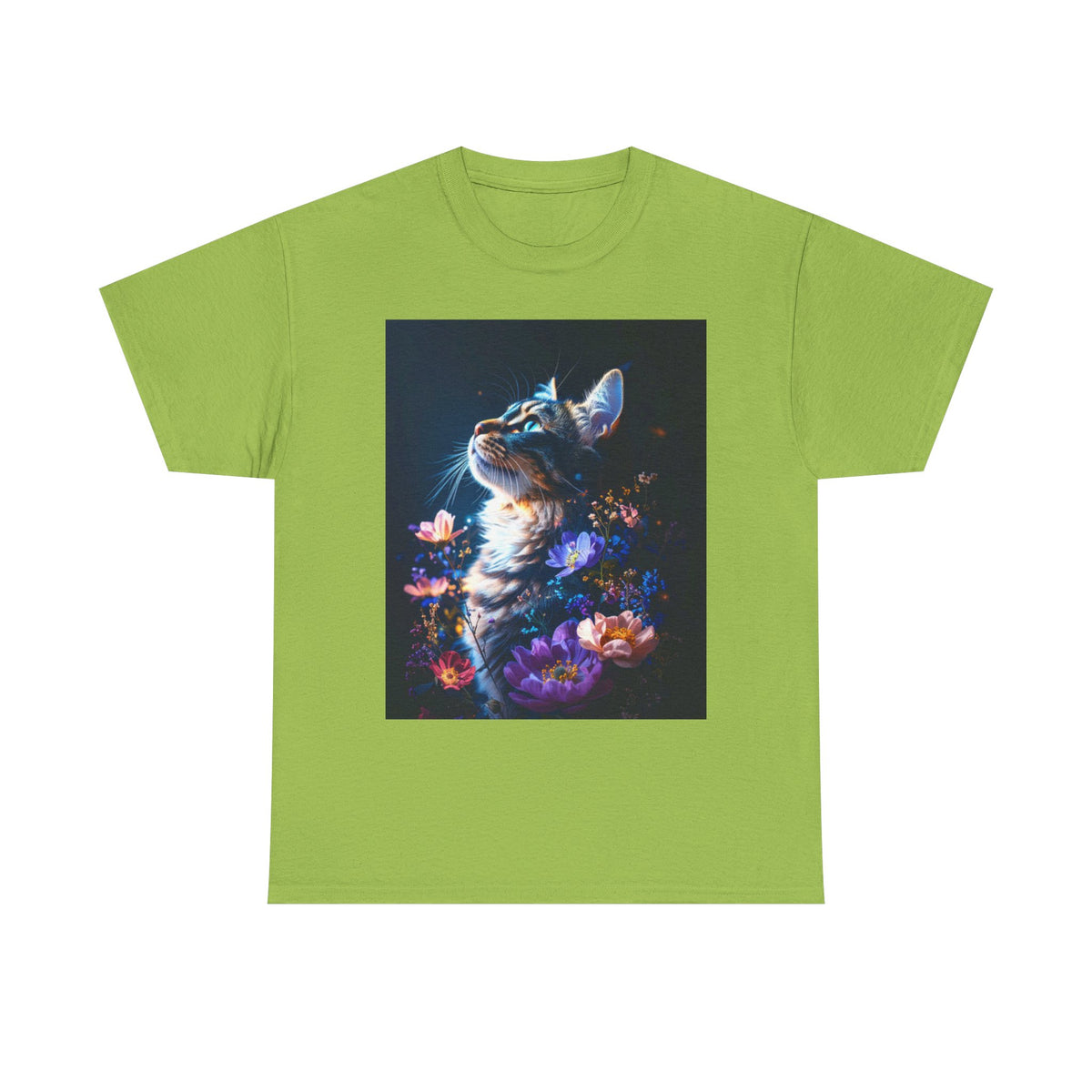 Whimsical Cat Floral Unisex Heavy Cotton Tee - Perfect for Cat Lovers and Nature Enthusiasts