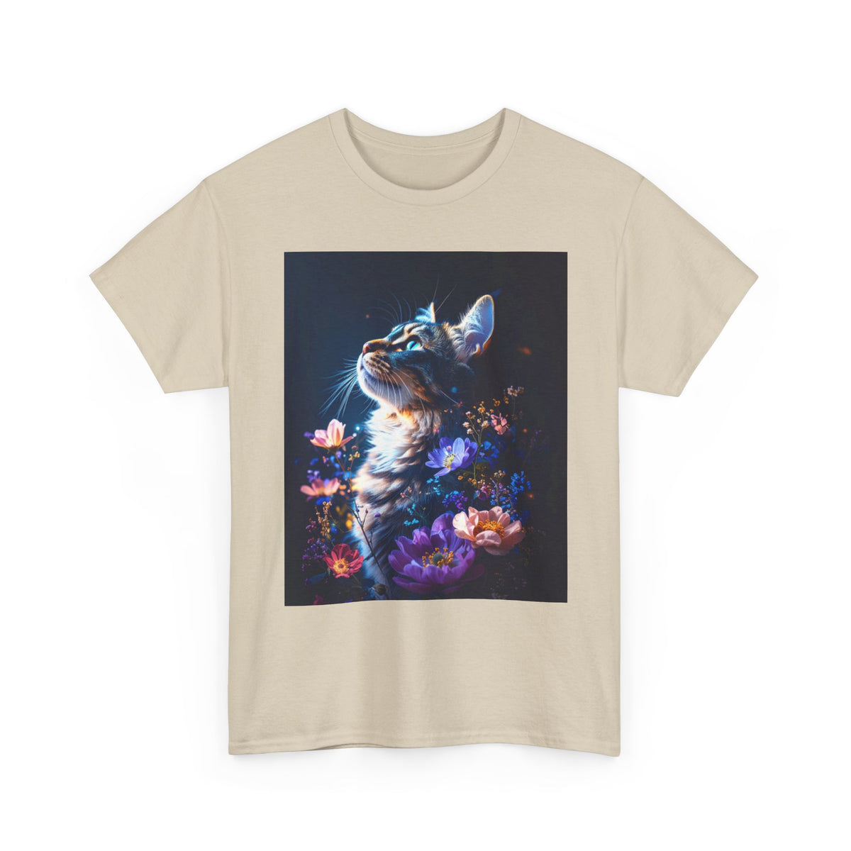 Whimsical Cat Floral Unisex Heavy Cotton Tee - Perfect for Cat Lovers and Nature Enthusiasts