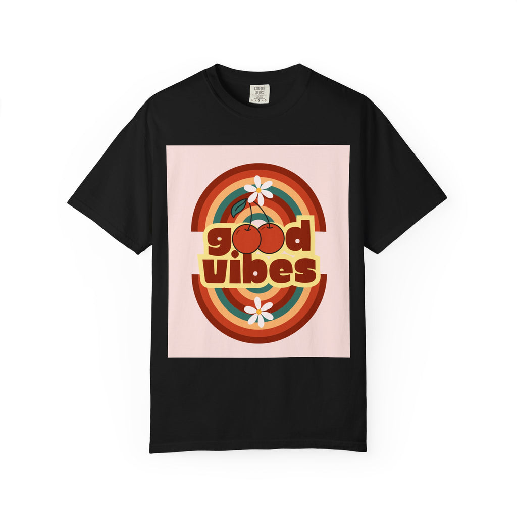 Good Vibes Unisex Garment-Dyed T-Shirt - Retro Cherry Design