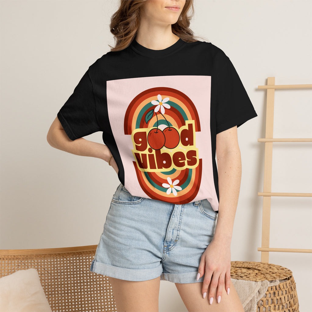 Good Vibes Unisex Garment-Dyed T-Shirt - Retro Cherry Design