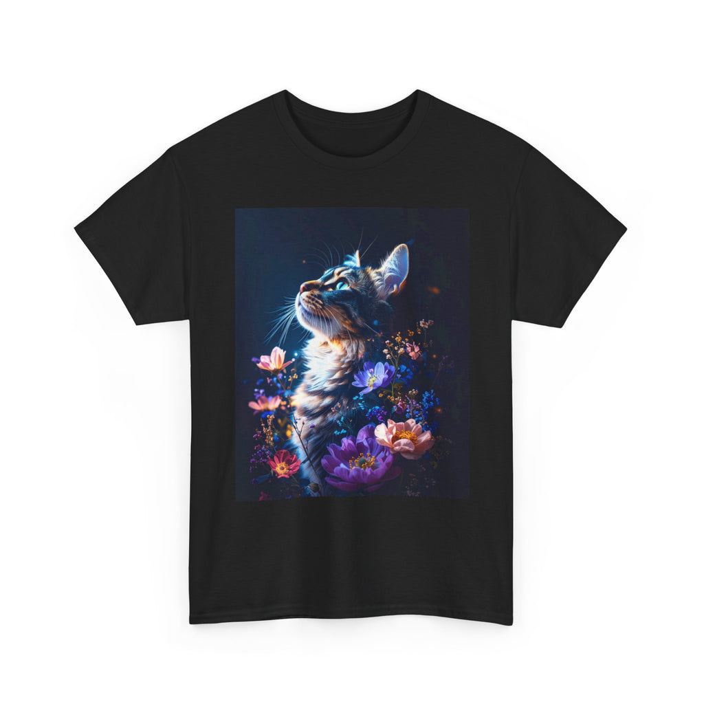 Whimsical Cat Floral Unisex Heavy Cotton Tee - Perfect for Cat Lovers and Nature Enthusiasts