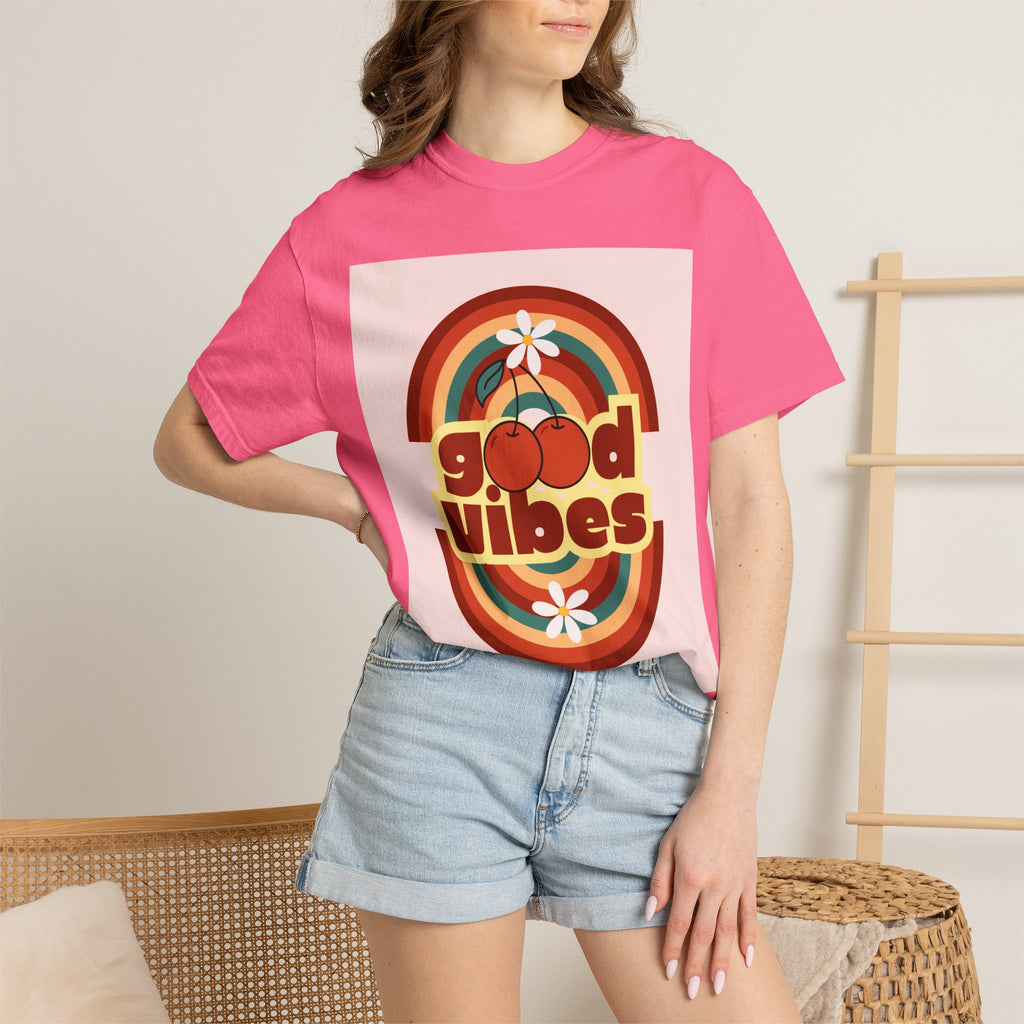 Good Vibes Unisex Garment-Dyed T-Shirt - Retro Cherry Design