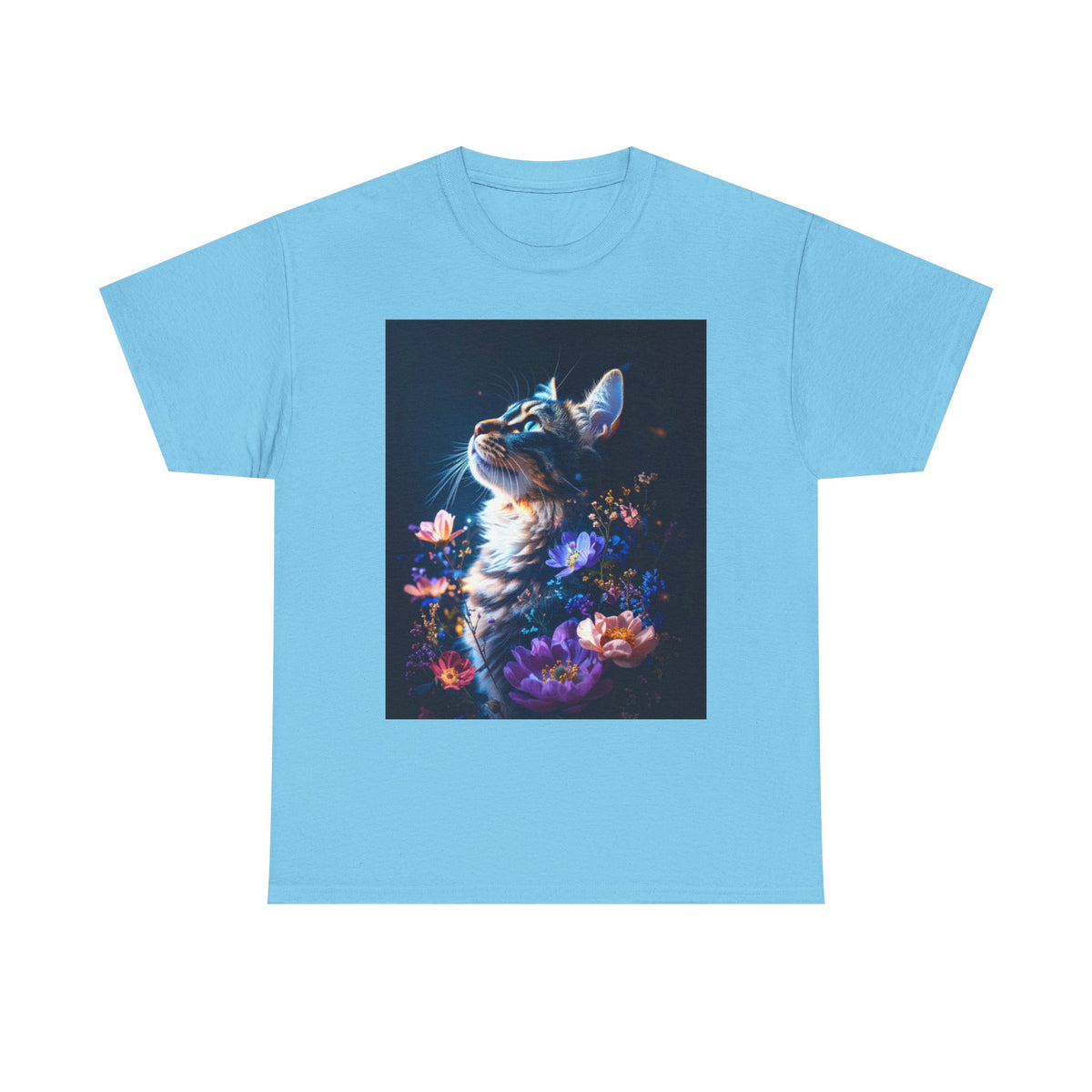 Whimsical Cat Floral Unisex Heavy Cotton Tee - Perfect for Cat Lovers and Nature Enthusiasts