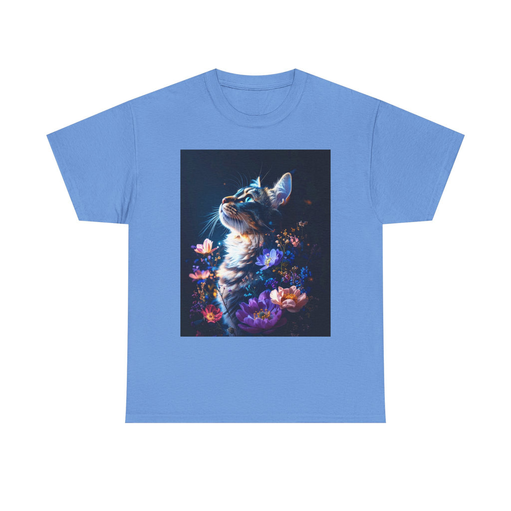 Whimsical Cat Floral Unisex Heavy Cotton Tee - Perfect for Cat Lovers and Nature Enthusiasts