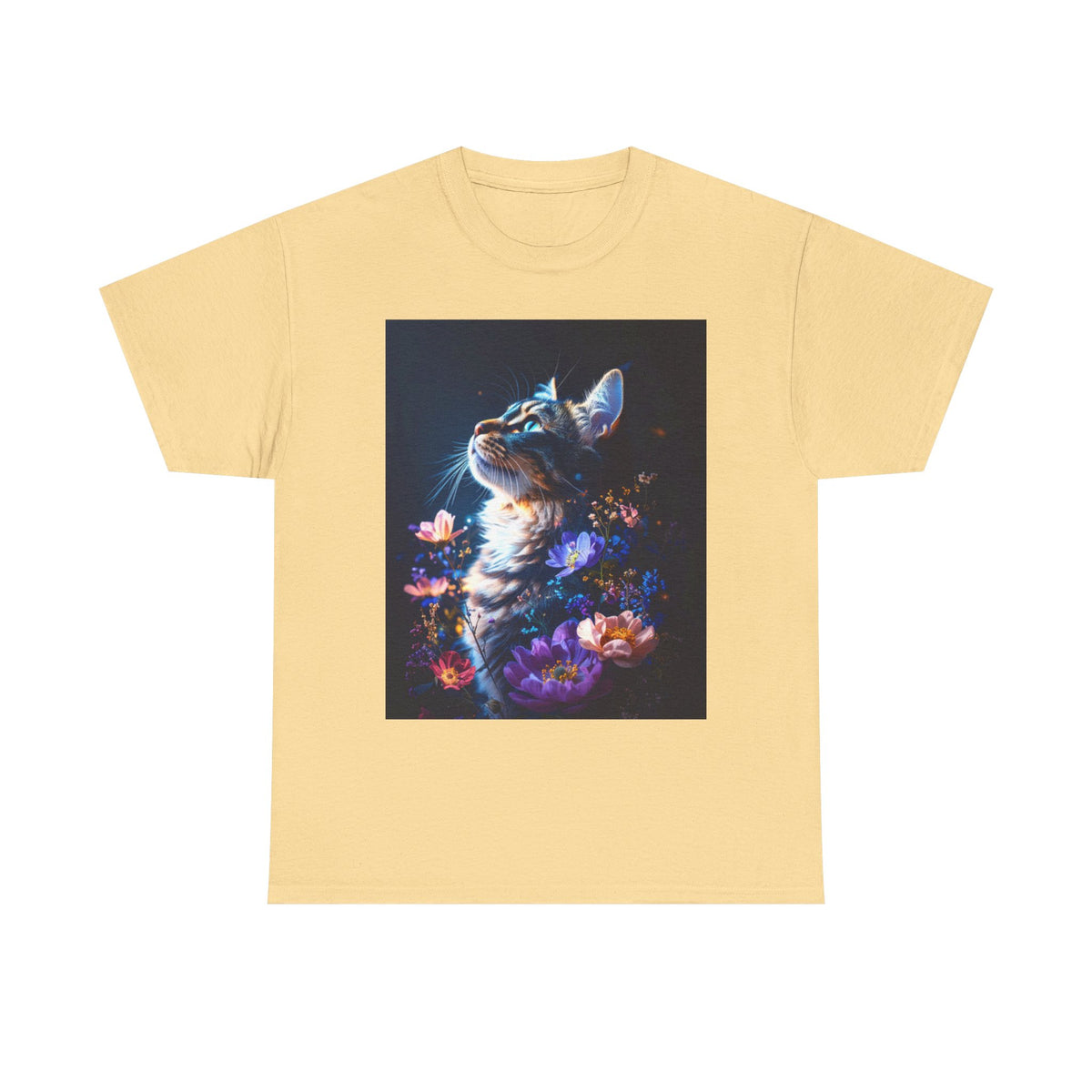 Whimsical Cat Floral Unisex Heavy Cotton Tee - Perfect for Cat Lovers and Nature Enthusiasts