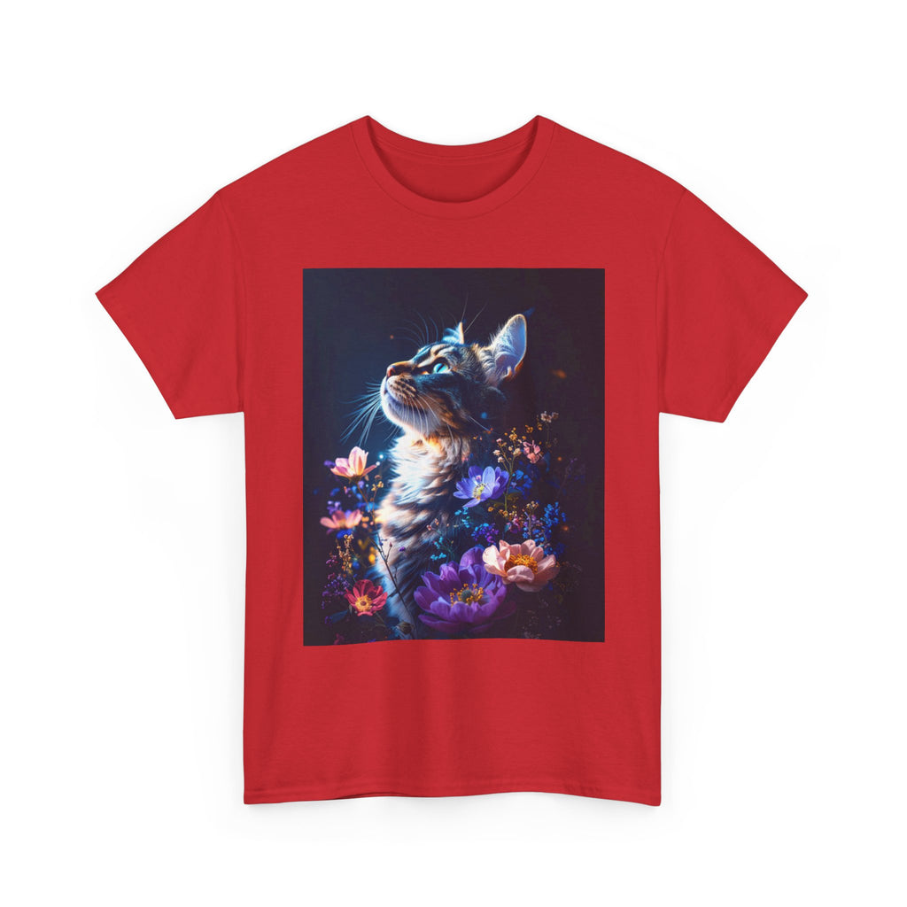 Whimsical Cat Floral Unisex Heavy Cotton Tee - Perfect for Cat Lovers and Nature Enthusiasts