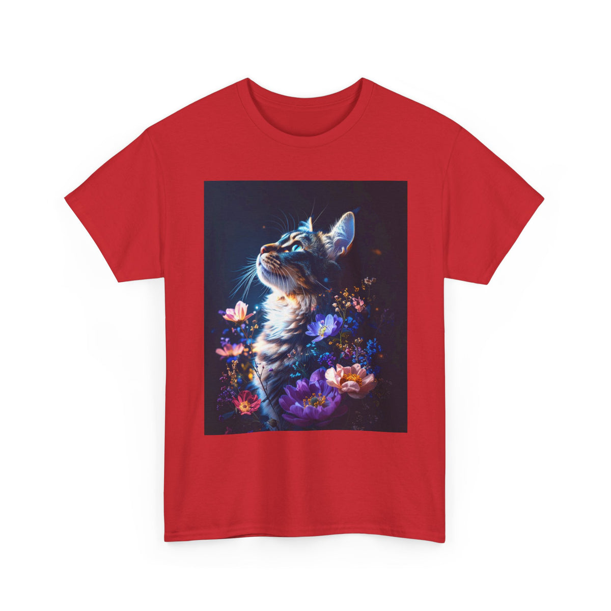 Whimsical Cat Floral Unisex Heavy Cotton Tee - Perfect for Cat Lovers and Nature Enthusiasts