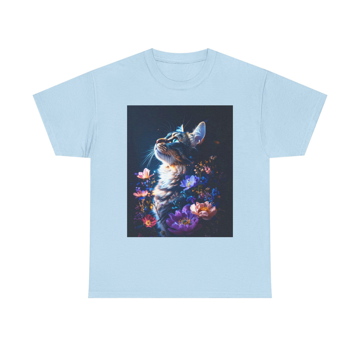 Whimsical Cat Floral Unisex Heavy Cotton Tee - Perfect for Cat Lovers and Nature Enthusiasts