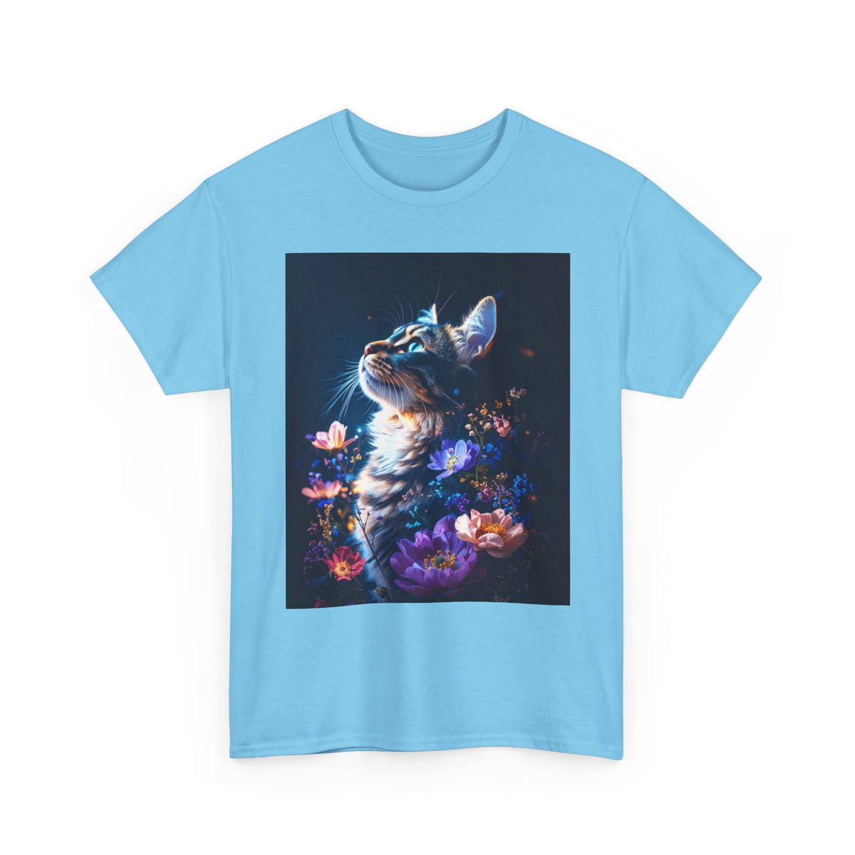 Whimsical Cat Floral Unisex Heavy Cotton Tee - Perfect for Cat Lovers and Nature Enthusiasts