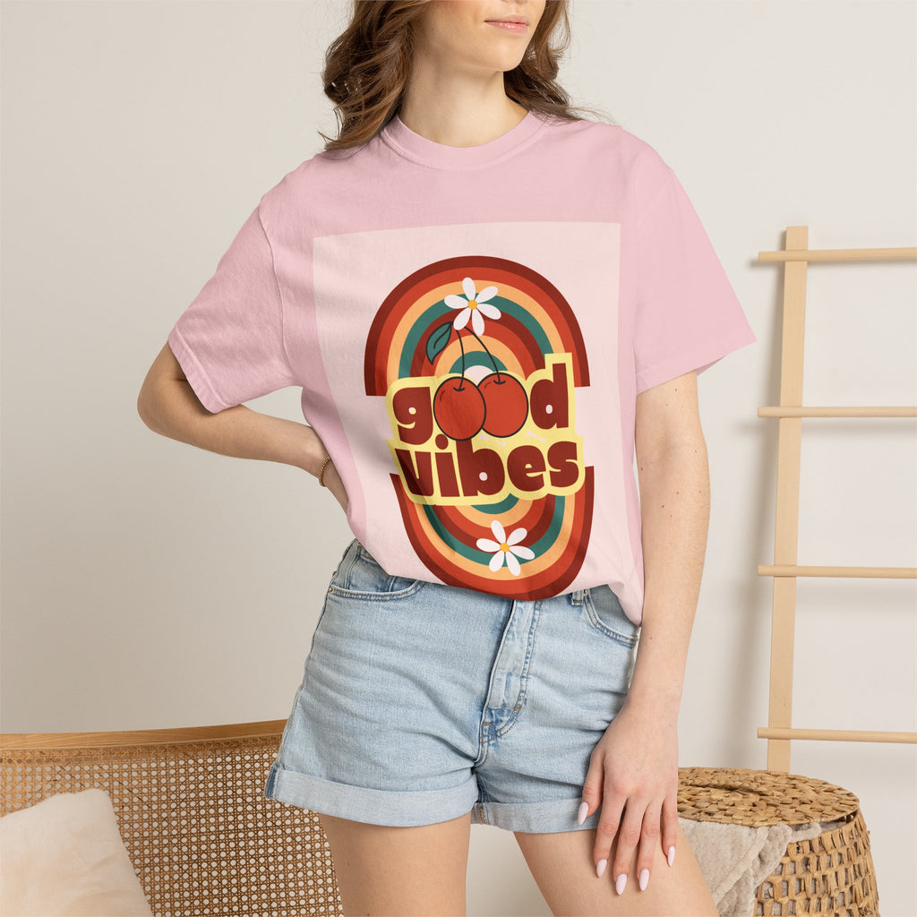 Good Vibes Unisex Garment-Dyed T-Shirt - Retro Cherry Design