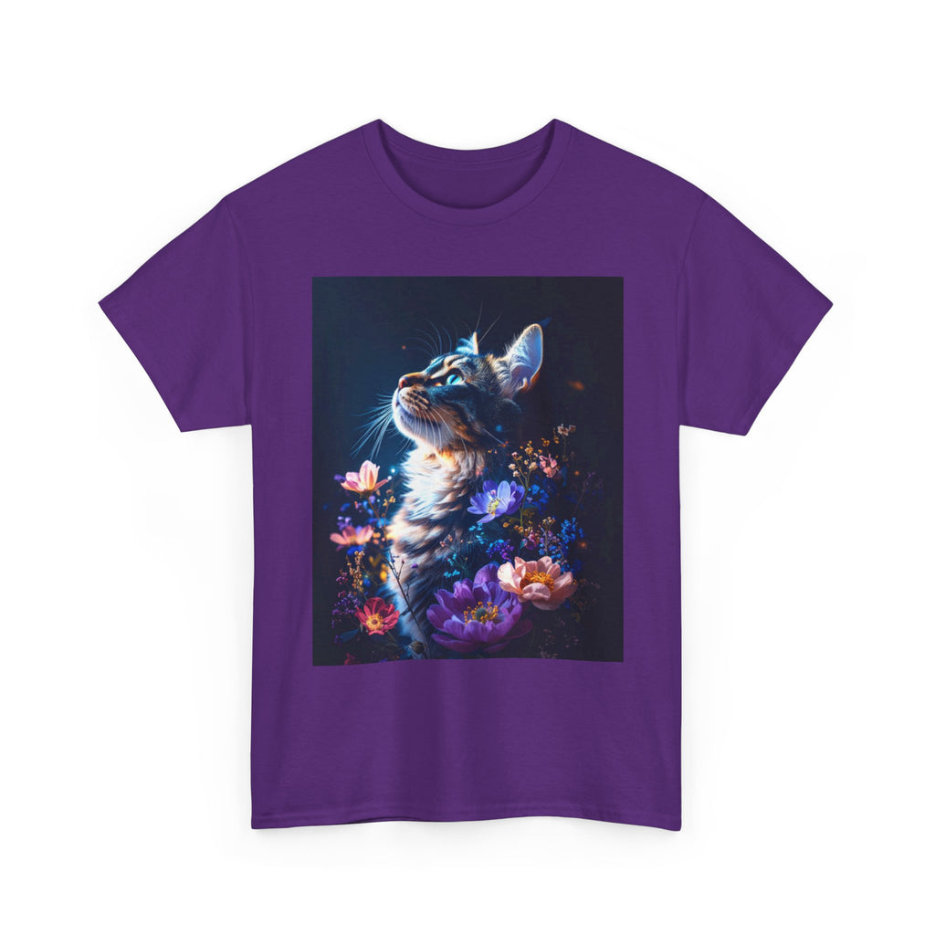 Whimsical Cat Floral Unisex Heavy Cotton Tee - Perfect for Cat Lovers and Nature Enthusiasts