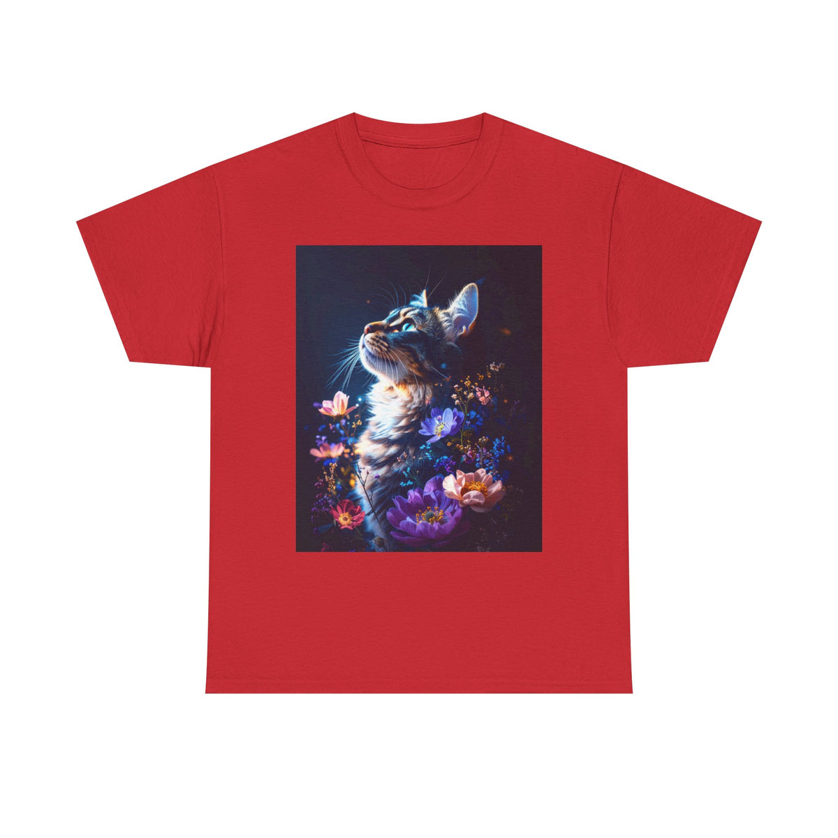 Whimsical Cat Floral Unisex Heavy Cotton Tee - Perfect for Cat Lovers and Nature Enthusiasts