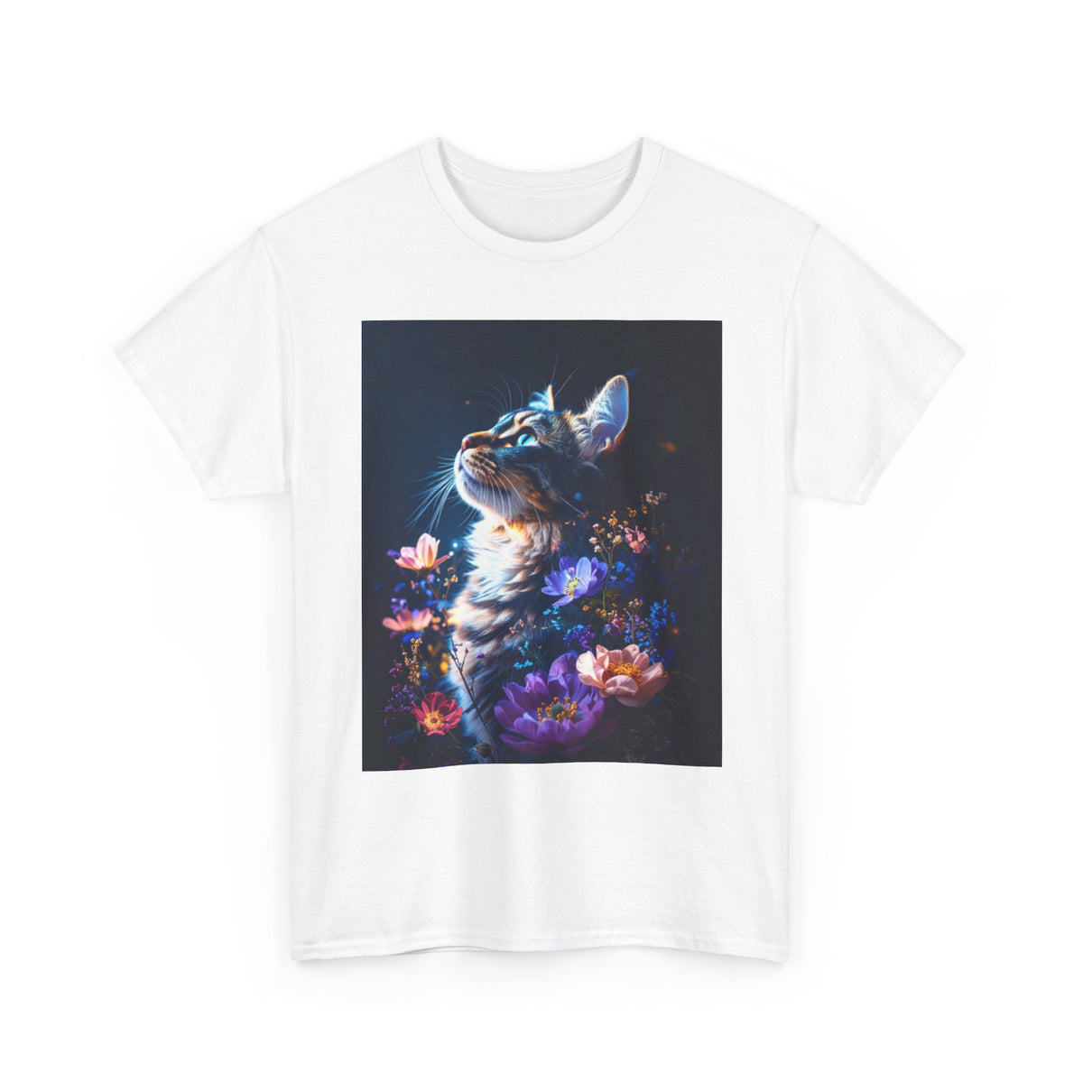Whimsical Cat Floral Unisex Heavy Cotton Tee - Perfect for Cat Lovers and Nature Enthusiasts