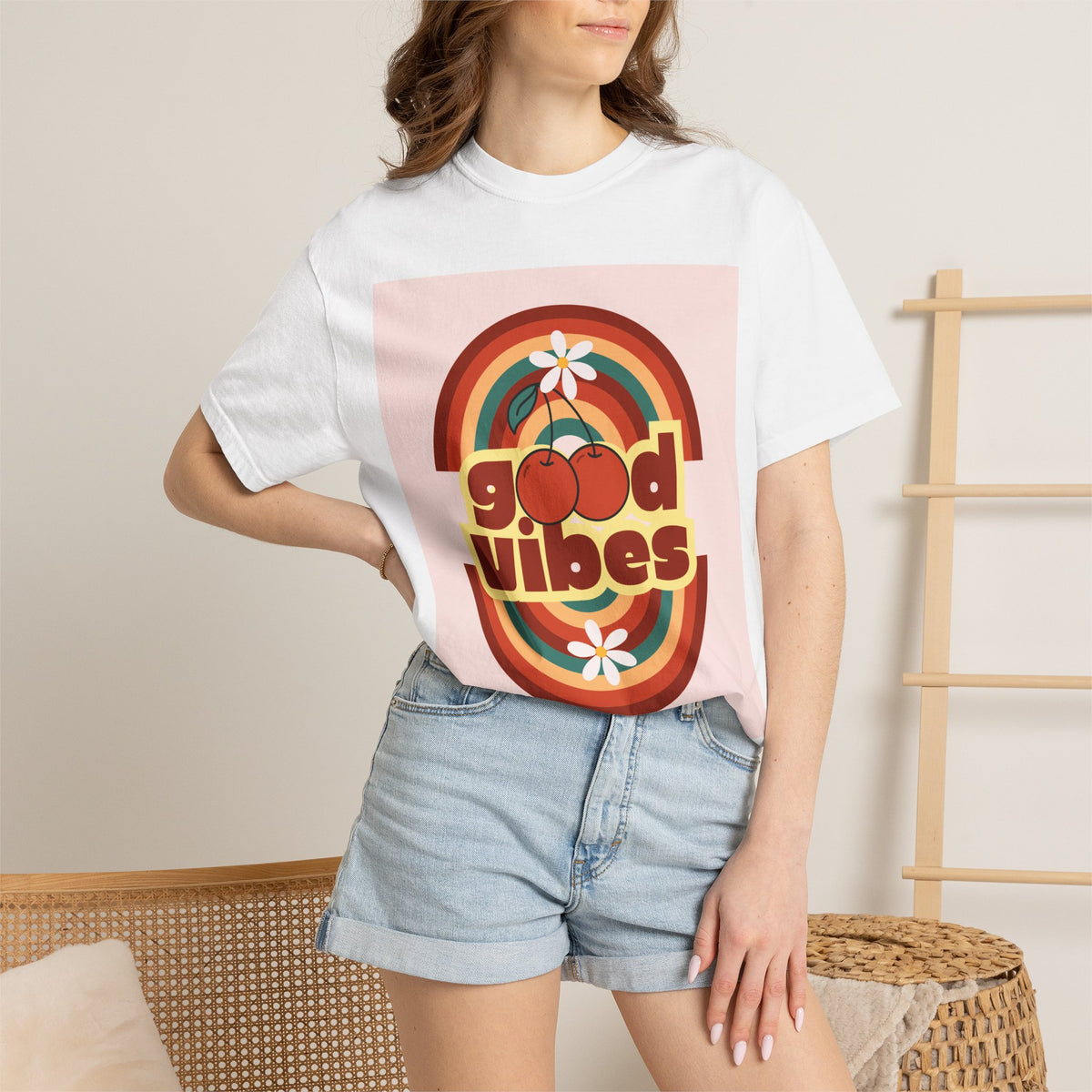 Good Vibes Unisex Garment-Dyed T-Shirt - Retro Cherry Design