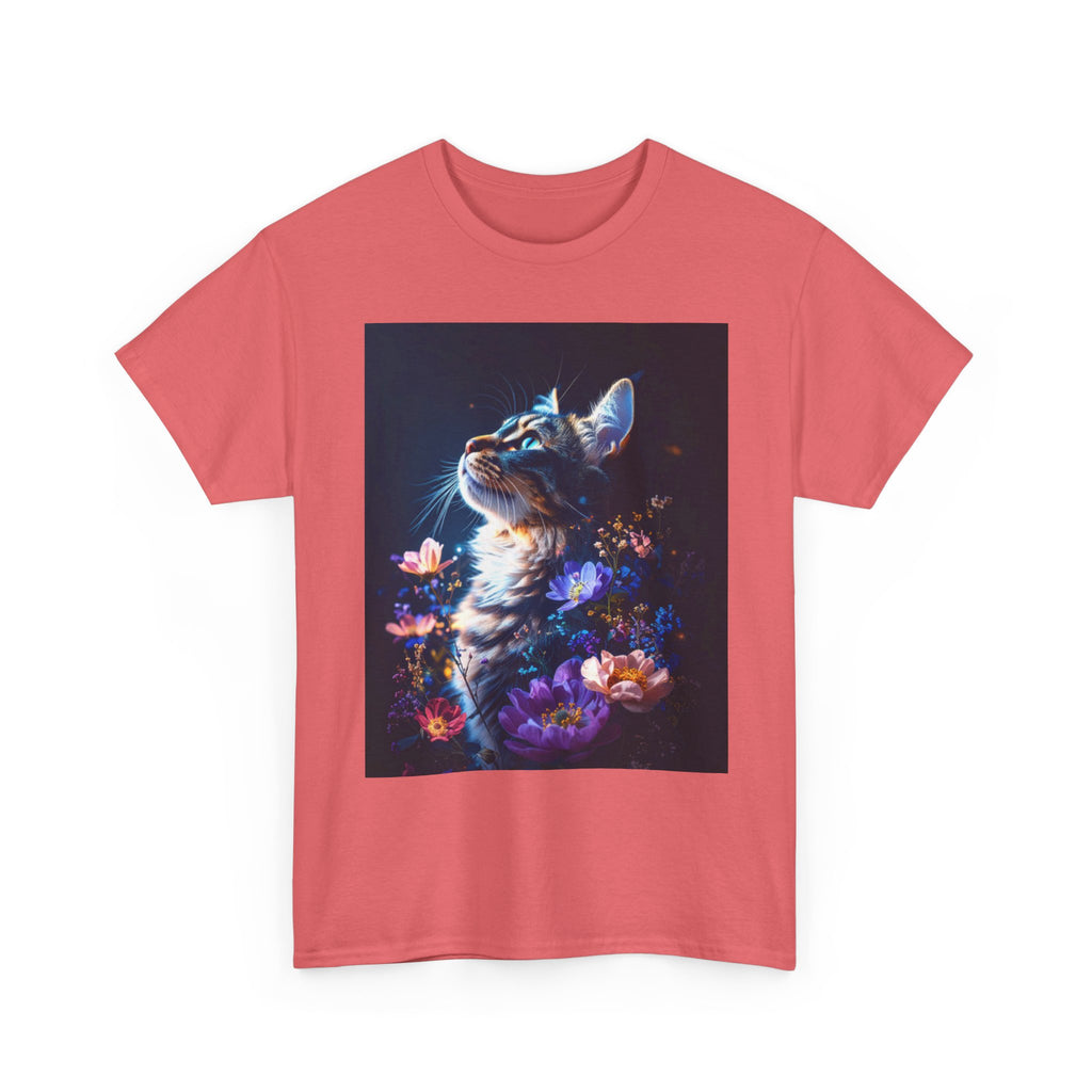 Whimsical Cat Floral Unisex Heavy Cotton Tee - Perfect for Cat Lovers and Nature Enthusiasts