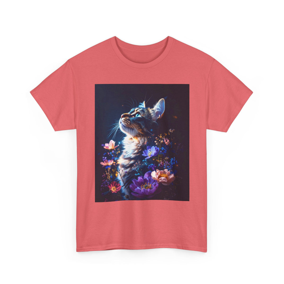 Whimsical Cat Floral Unisex Heavy Cotton Tee - Perfect for Cat Lovers and Nature Enthusiasts