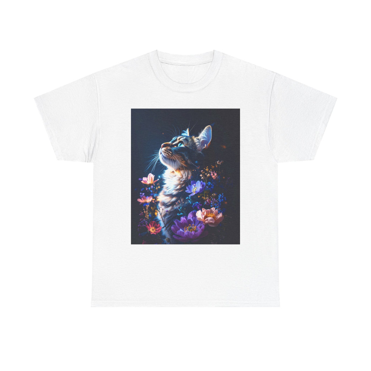 Whimsical Cat Floral Unisex Heavy Cotton Tee - Perfect for Cat Lovers and Nature Enthusiasts